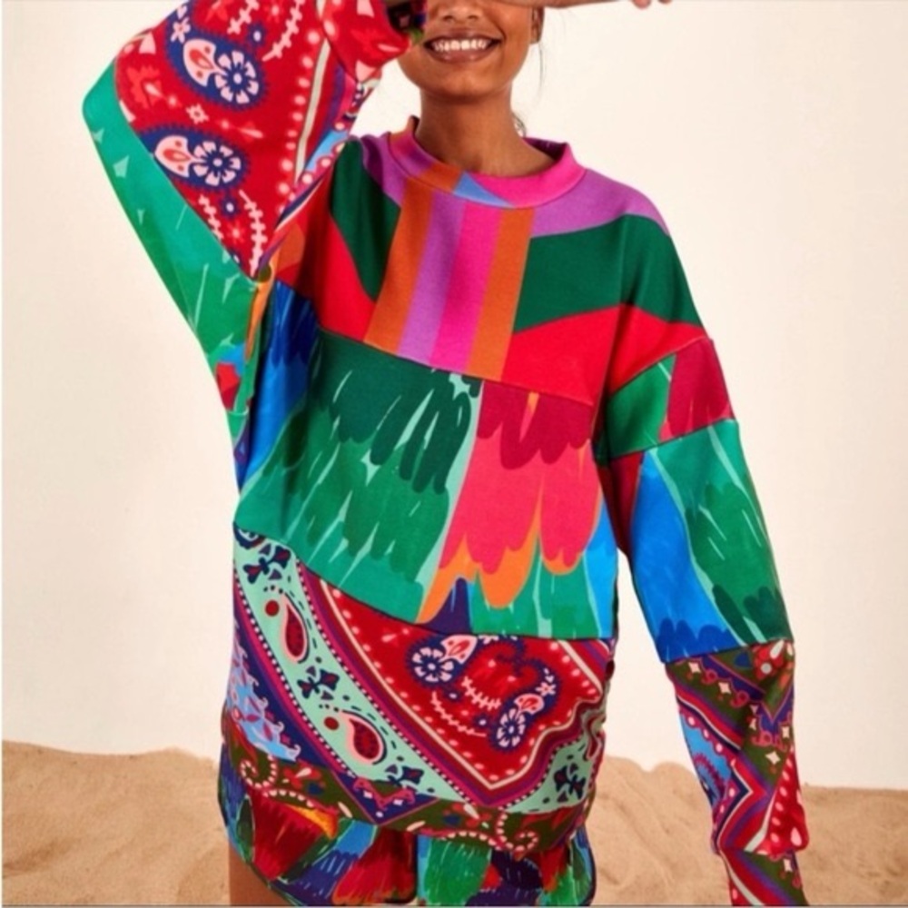 FARM Rio Colorful Patchwork Print Oversized Top Small - Picture 2 of 13
